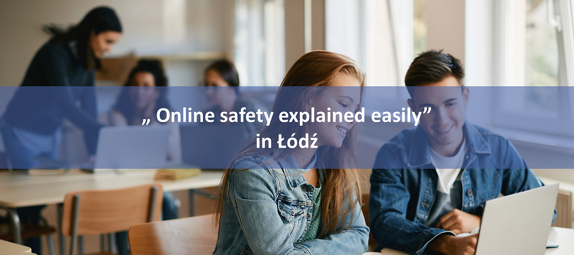 Two students working on a laptop in a classroom; title: Online safety explained easily in Łódź’