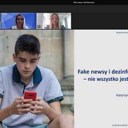 Okno prezentacji i zdjęcia ekspertów prowadzących webinar o fake newsach i ...