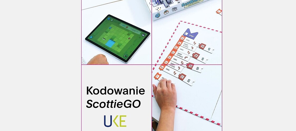 Plakat promocyjny kodowania z logo UKE i grą Scottie GO!