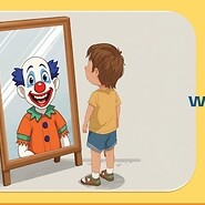 dziecko przy lustrze, w odbiciu klown