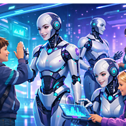 grafia ptrzedstawia dwa roboty i ludzi